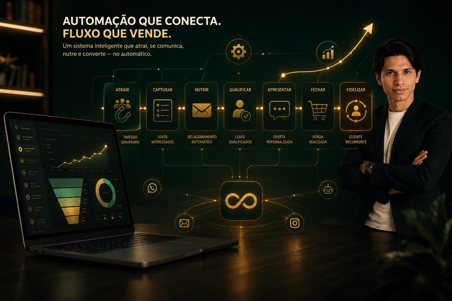 Fluxo de automação de vendas, com disparos e sequências representando o funil automatizado