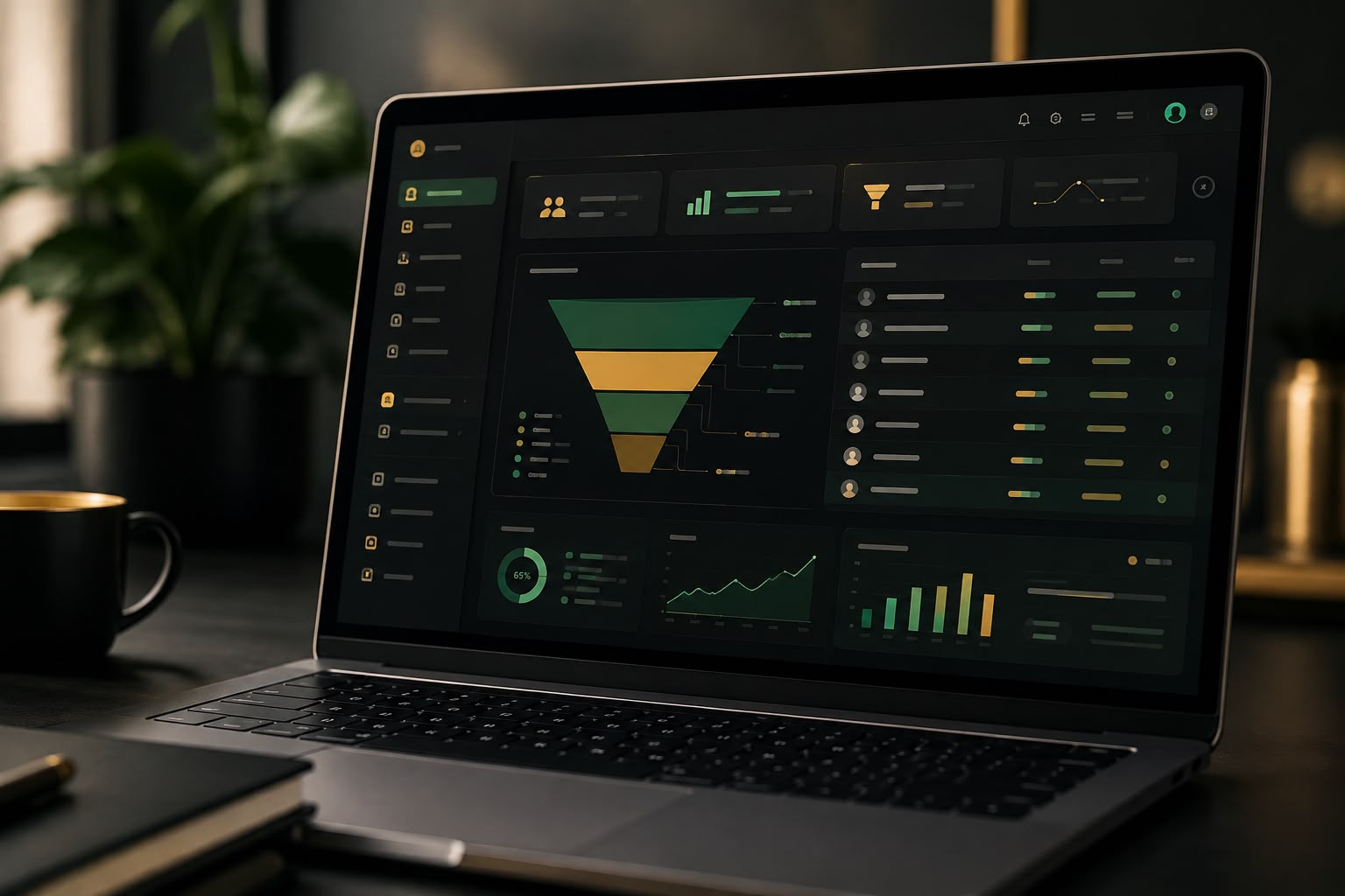 Fernando Andrade com a visão do CRM aberta no notebook, organizando o fluxo de clientes