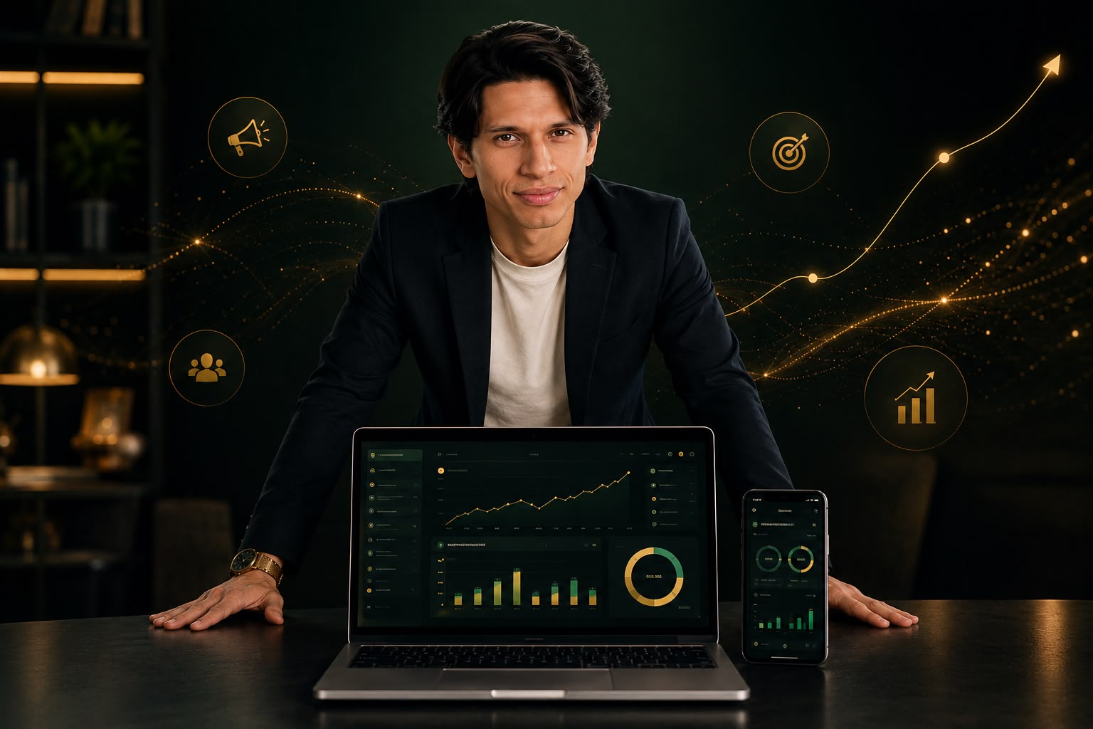 Fernando Andrade apresentando a mentoria para empreendedores, com notebook e papéis de gestão